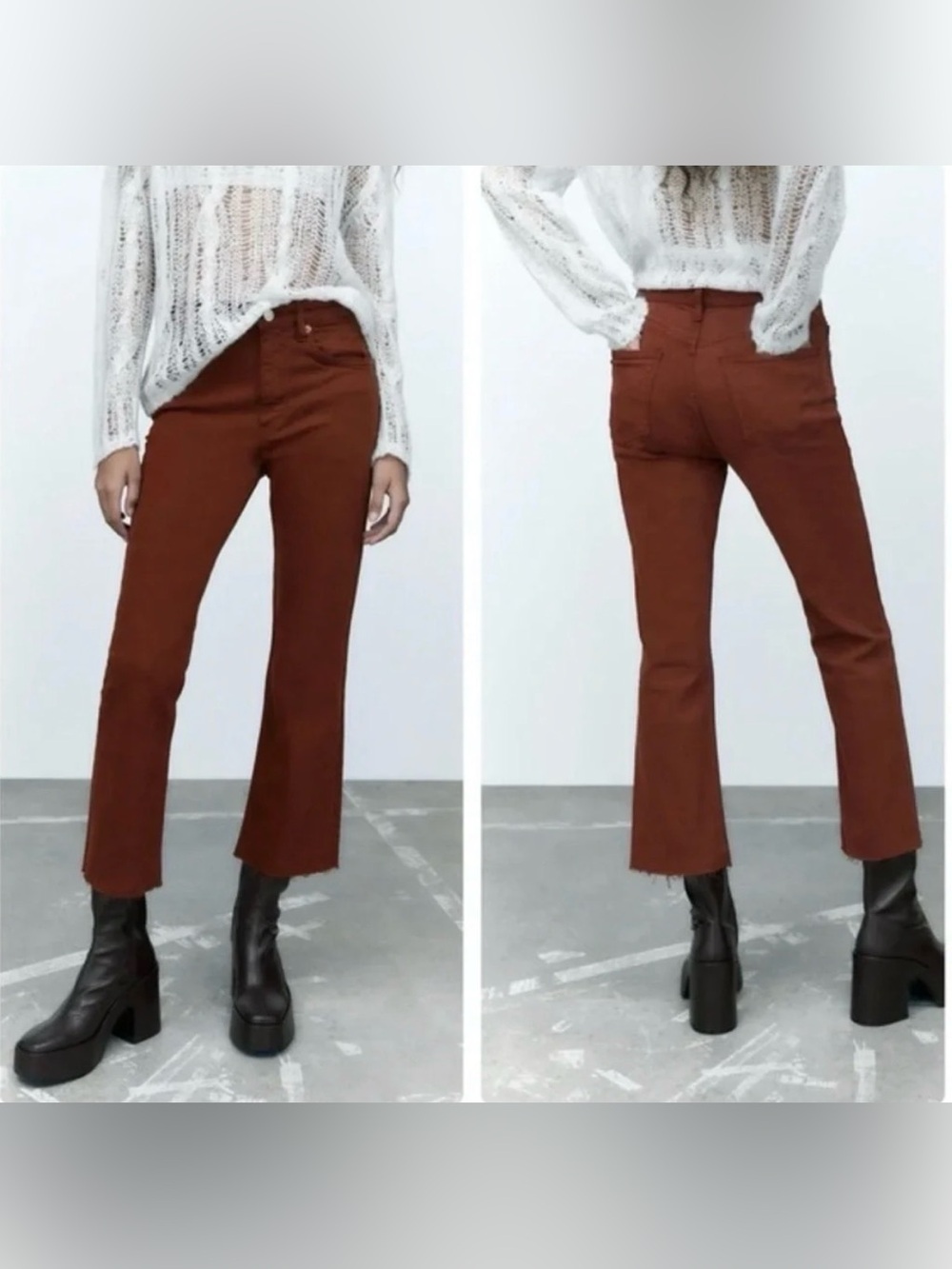 Zara Mid Rise Cropped Mini Flare w/ Raw Hem - Rust Brown
